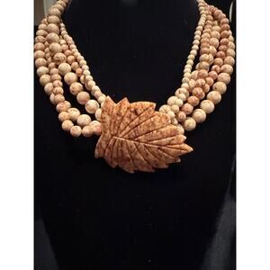 Vintage multi-strand Jasper stone bead necklace large carved leaf pendant